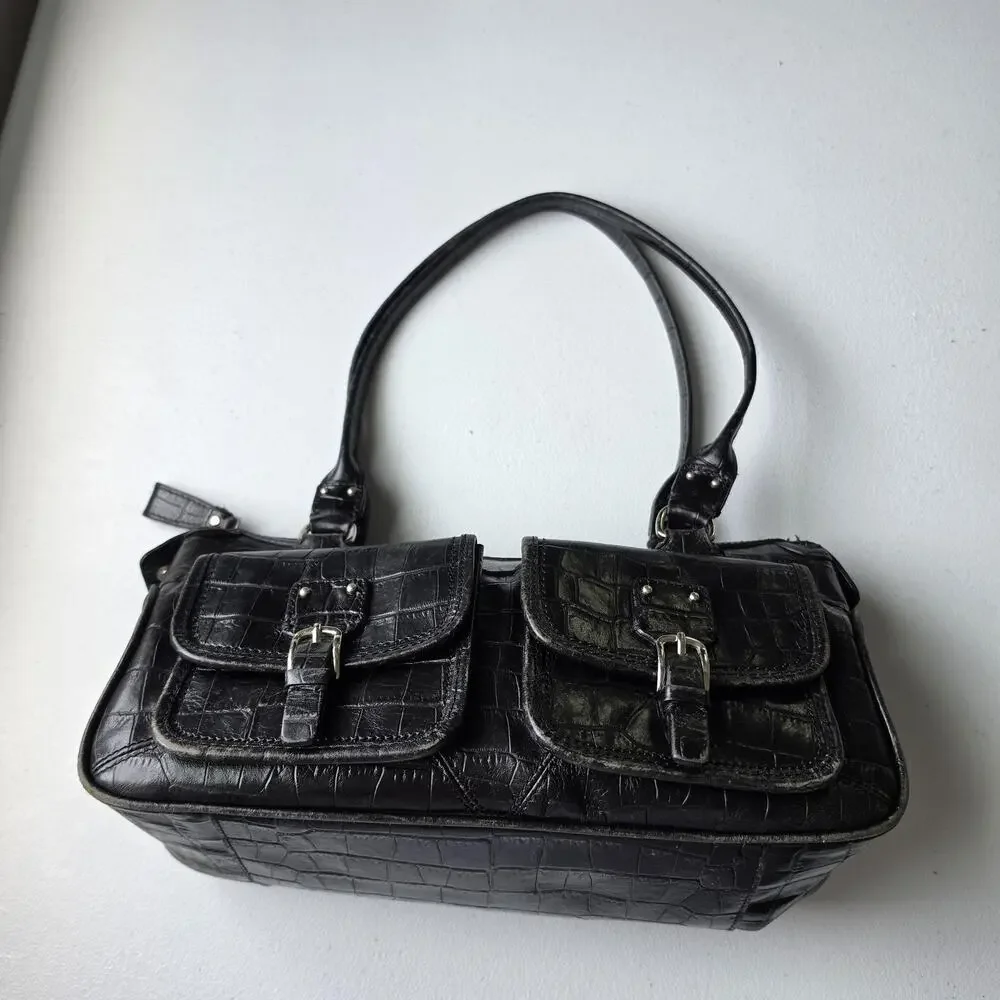 Fossil Shoulder Bag Womens Small Black Croc Embossed Leather Zip Purse Handbag